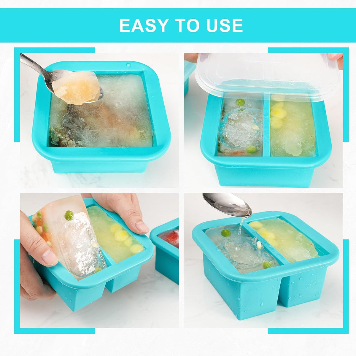 Silicone Freezer Tray with Lid 2 Pack Silicone Freezer Molds Ice Cube Tray Makes 2 Perfect 2 Cup Portions Soup Cubes Meal Prep Containers- Oven & Dishwasher Safe