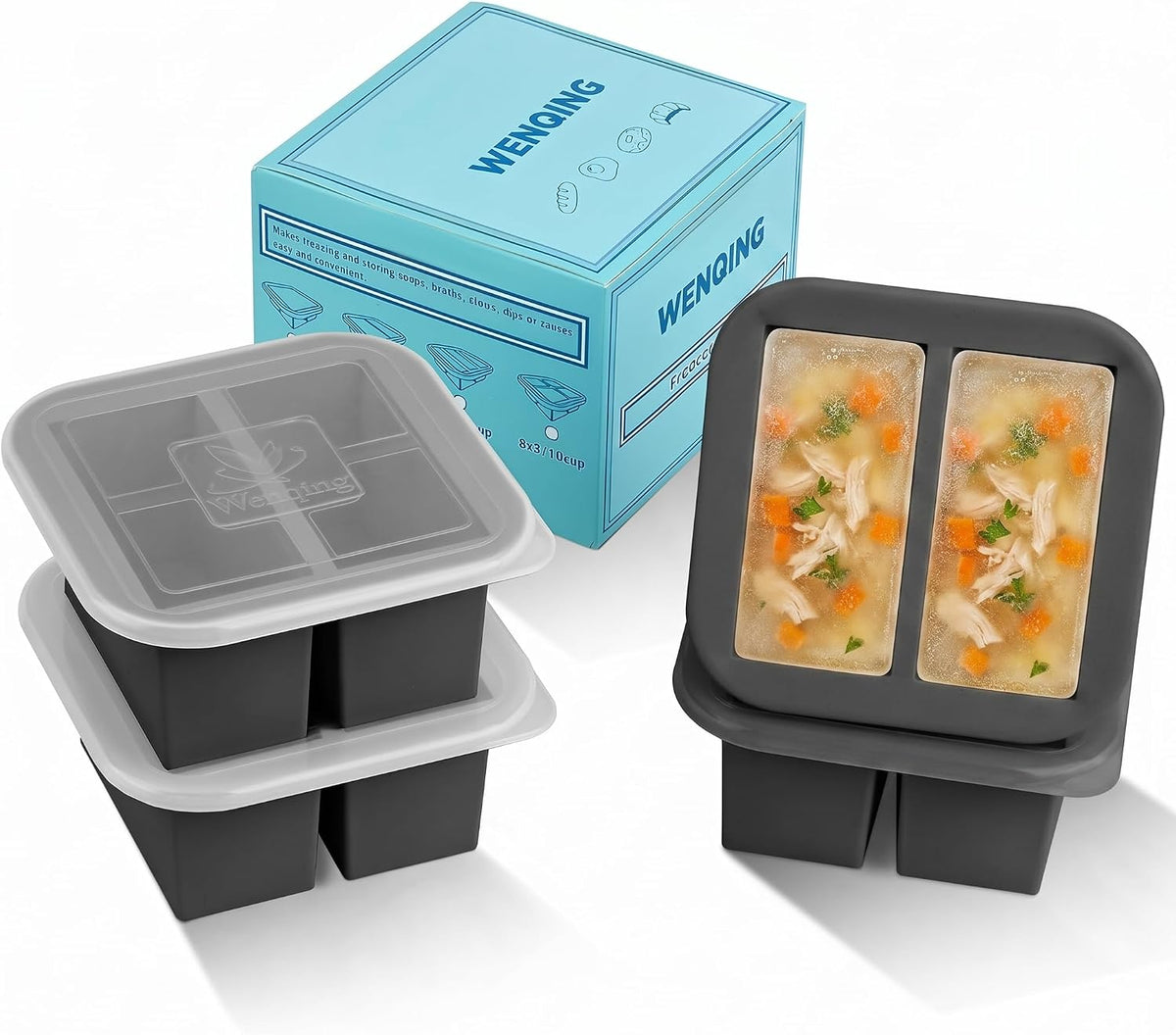 Silicone Freezer Tray with Lid 2 Pack Silicone Freezer Molds Ice Cube Tray Makes 2 Perfect 2 Cup Portions Soup Cubes Meal Prep Containers- Oven & Dishwasher Safe