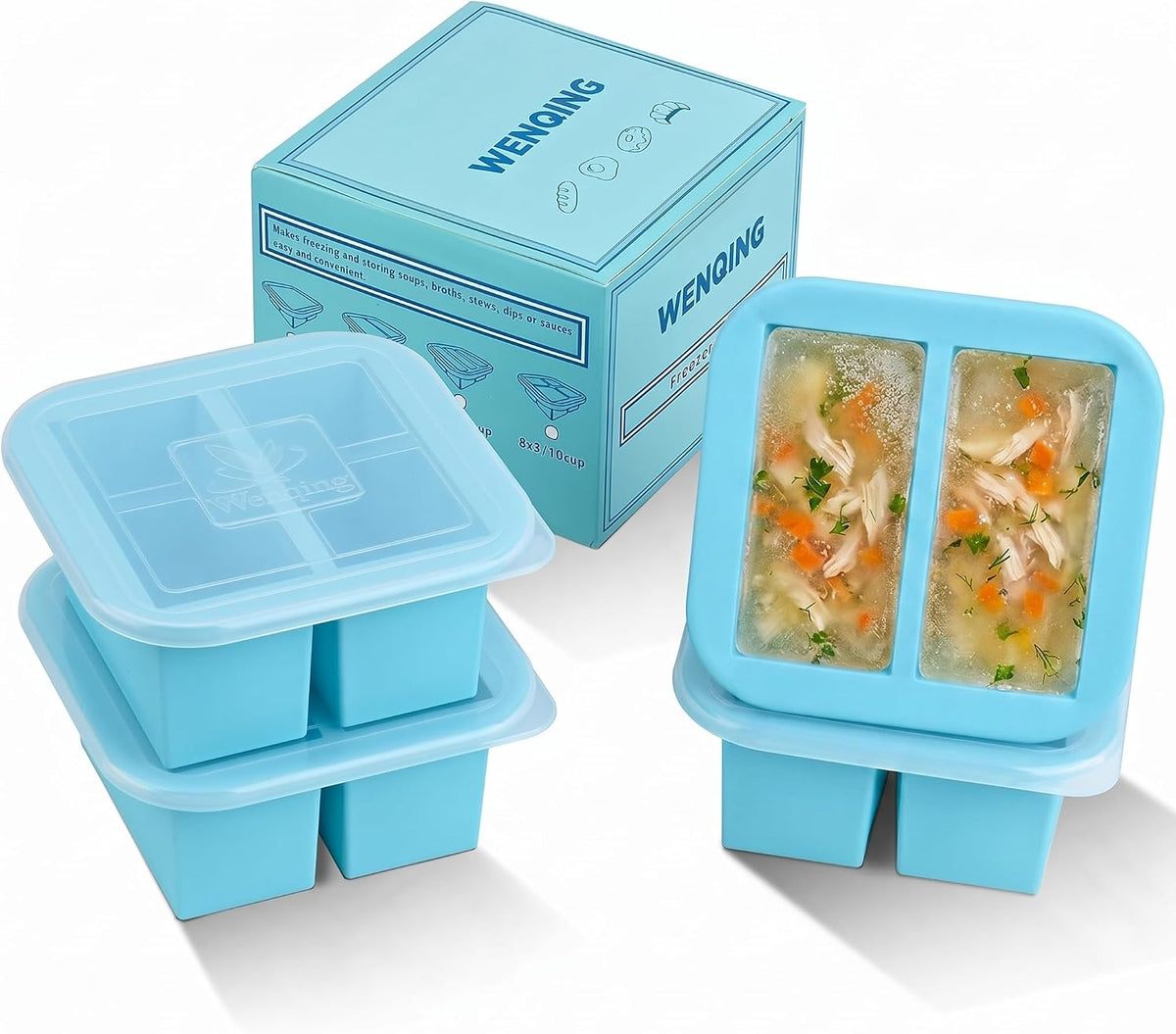 Silicone Freezer Tray with Lid 2 Pack Silicone Freezer Molds Ice Cube Tray Makes 2 Perfect 2 Cup Portions Soup Cubes Meal Prep Containers- Oven & Dishwasher Safe