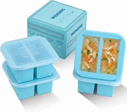Silicone Freezer Tray with Lid 2 Pack Silicone Freezer Molds Ice Cube Tray Makes 2 Perfect 2 Cup Portions Soup Cubes Meal Prep Containers- Oven & Dishwasher Safe