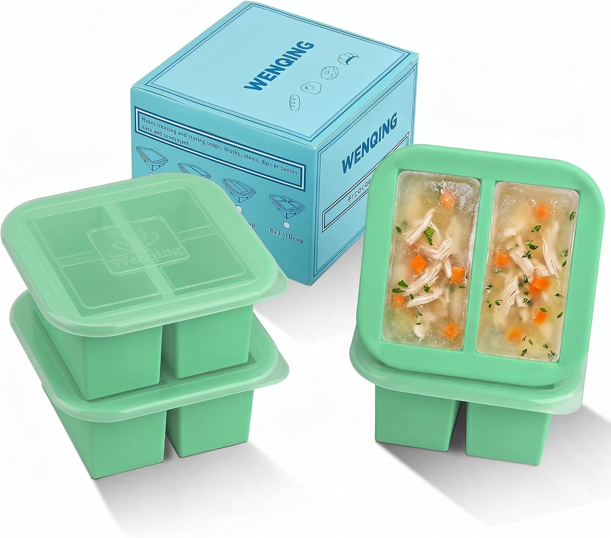 Silicone Freezer Tray with Lid 2 Pack Silicone Freezer Molds Ice Cube Tray Makes 2 Perfect 2 Cup Portions Soup Cubes Meal Prep Containers- Oven & Dishwasher Safe