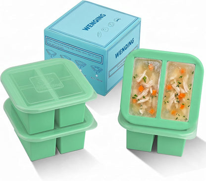 Silicone Freezer Tray with Lid 2 Pack Silicone Freezer Molds Ice Cube Tray Makes 2 Perfect 2 Cup Portions Soup Cubes Meal Prep Containers- Oven & Dishwasher Safe