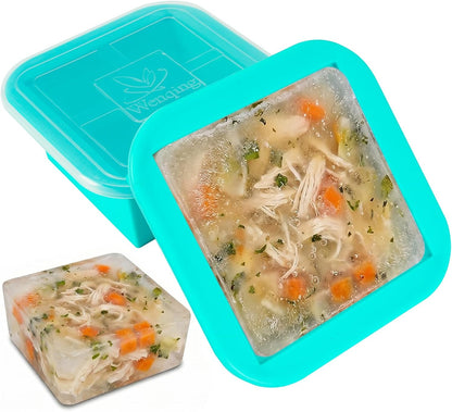 Silicone Freezer Tray with Lid 2 Pack Silicone Freezer Molds Ice Cube Tray Makes 2 Perfect 2 Cup Portions Soup Cubes Meal Prep Containers- Oven & Dishwasher Safe
