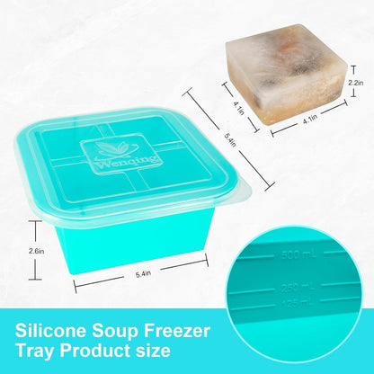 Silicone Freezer Tray with Lid 2 Pack Silicone Freezer Molds Ice Cube Tray Makes 2 Perfect 2 Cup Portions Soup Cubes Meal Prep Containers- Oven & Dishwasher Safe