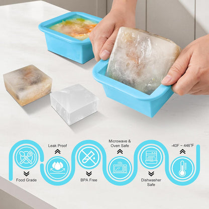 Silicone Freezer Tray with Lid 2 Pack Silicone Freezer Molds Ice Cube Tray Makes 2 Perfect 2 Cup Portions Soup Cubes Meal Prep Containers- Oven & Dishwasher Safe