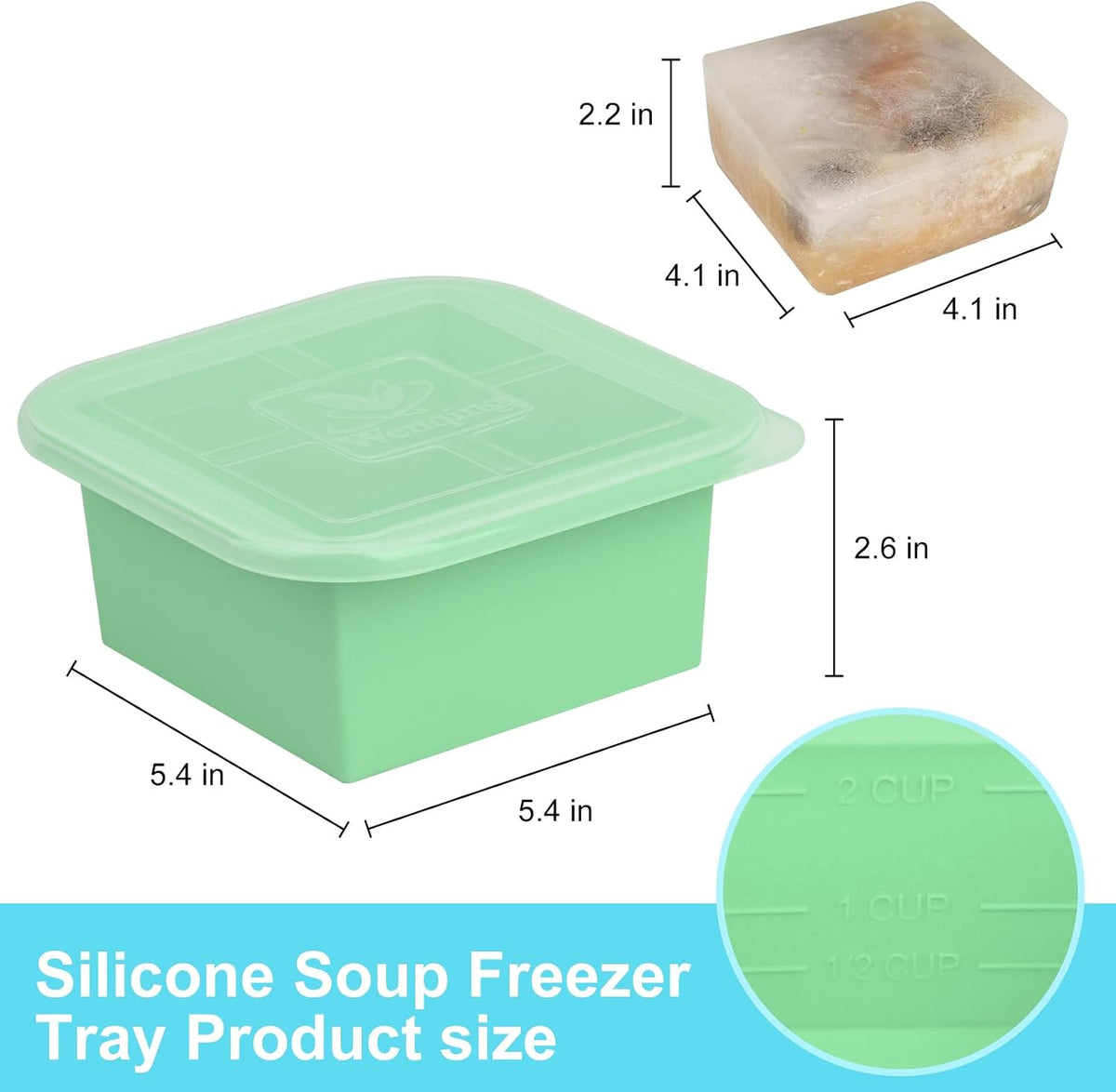 Silicone Freezer Tray with Lid 2 Pack Silicone Freezer Molds Ice Cube Tray Makes 2 Perfect 2 Cup Portions Soup Cubes Meal Prep Containers- Oven & Dishwasher Safe