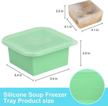 Silicone Freezer Tray with Lid 2 Pack Silicone Freezer Molds Ice Cube Tray Makes 2 Perfect 2 Cup Portions Soup Cubes Meal Prep Containers- Oven & Dishwasher Safe