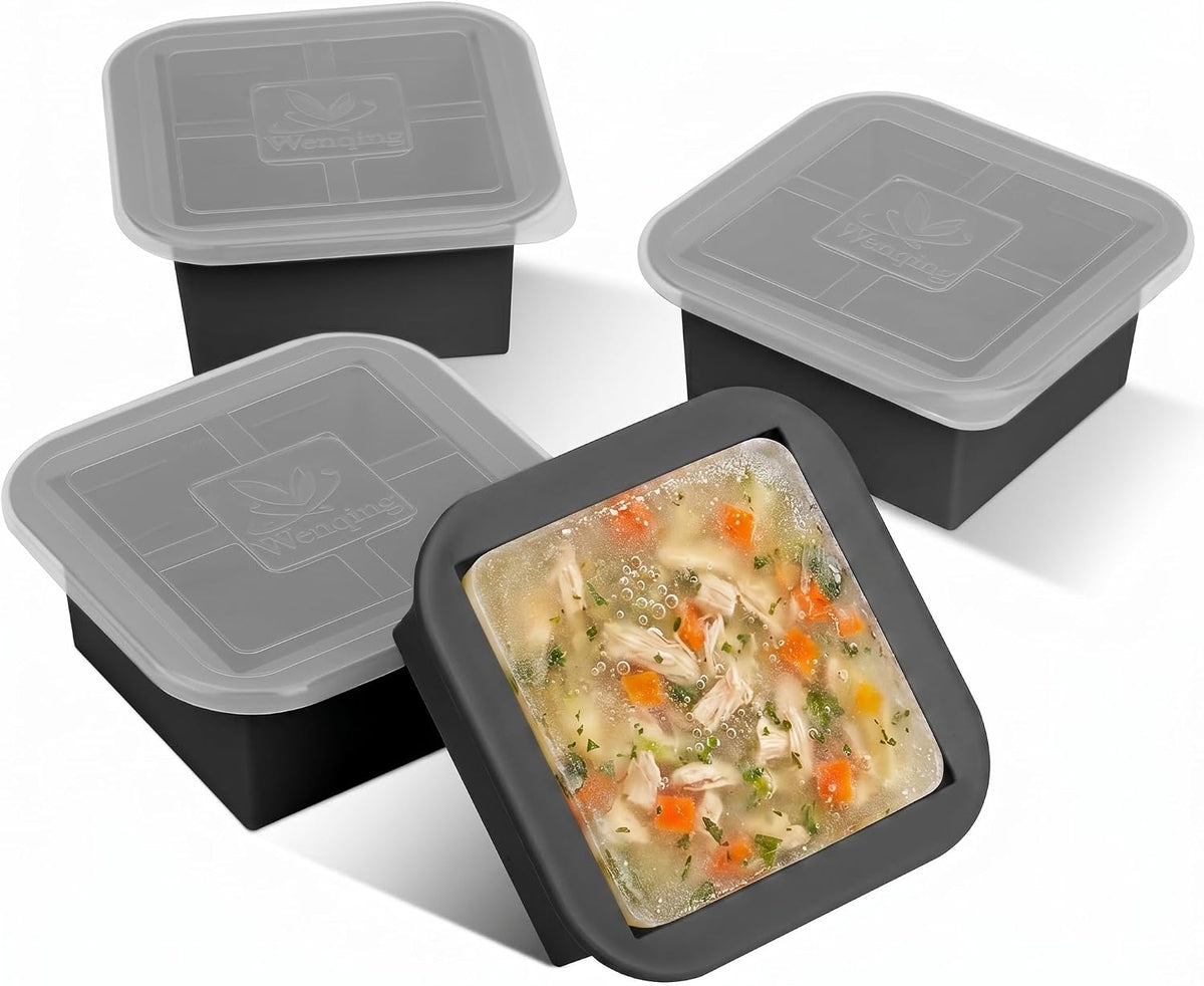 Silicone Freezer Tray with Lid 2 Pack Silicone Freezer Molds Ice Cube Tray Makes 2 Perfect 2 Cup Portions Soup Cubes Meal Prep Containers- Oven & Dishwasher Safe