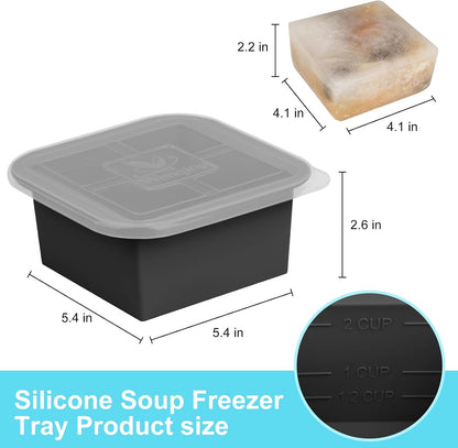Silicone Freezer Tray with Lid 2 Pack Silicone Freezer Molds Ice Cube Tray Makes 2 Perfect 2 Cup Portions Soup Cubes Meal Prep Containers- Oven & Dishwasher Safe