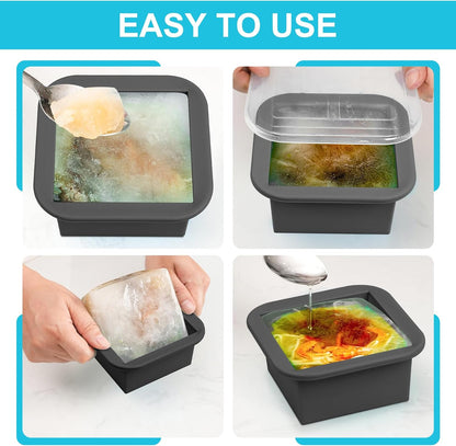 Silicone Freezer Tray with Lid 2 Pack Silicone Freezer Molds Ice Cube Tray Makes 2 Perfect 2 Cup Portions Soup Cubes Meal Prep Containers- Oven & Dishwasher Safe