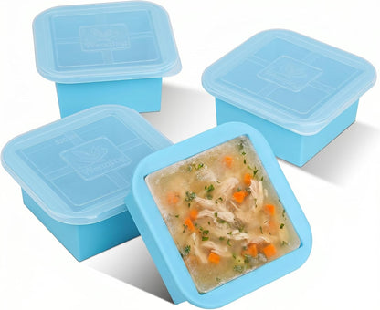 Silicone Freezer Tray with Lid 2 Pack Silicone Freezer Molds Ice Cube Tray Makes 2 Perfect 2 Cup Portions Soup Cubes Meal Prep Containers- Oven & Dishwasher Safe