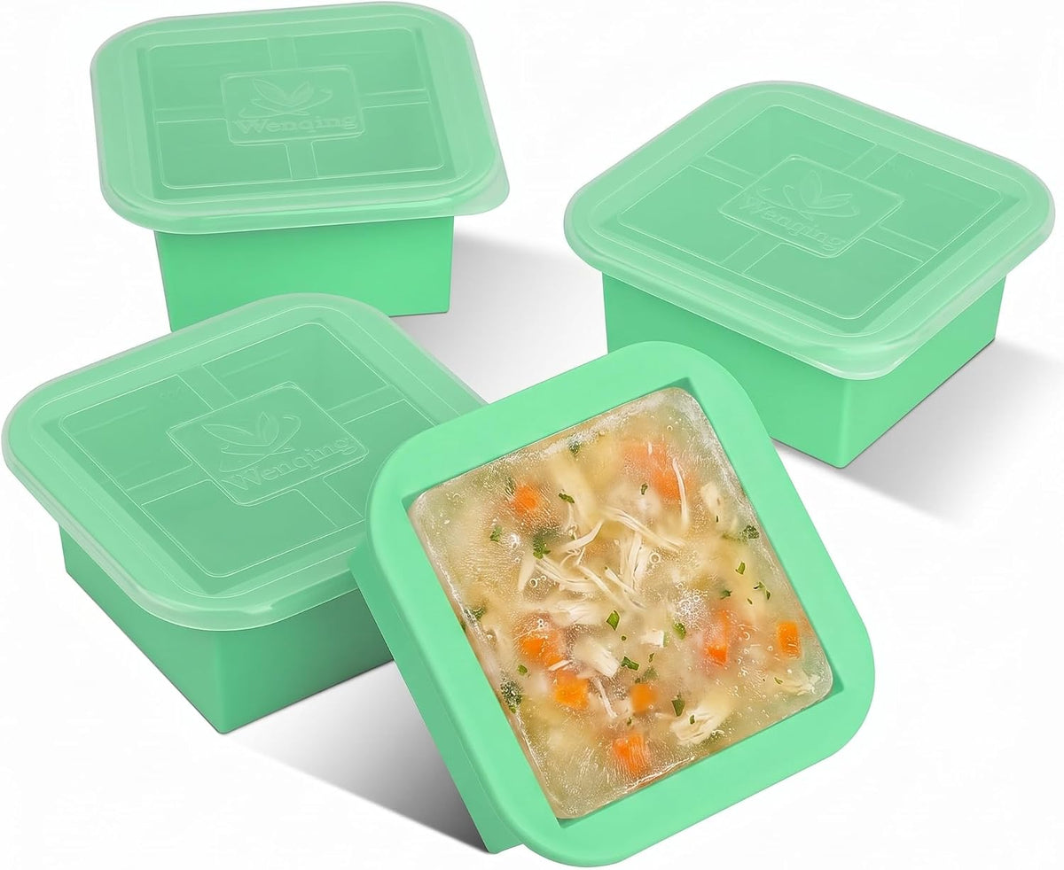 Silicone Freezer Tray with Lid 2 Pack Silicone Freezer Molds Ice Cube Tray Makes 2 Perfect 2 Cup Portions Soup Cubes Meal Prep Containers- Oven & Dishwasher Safe