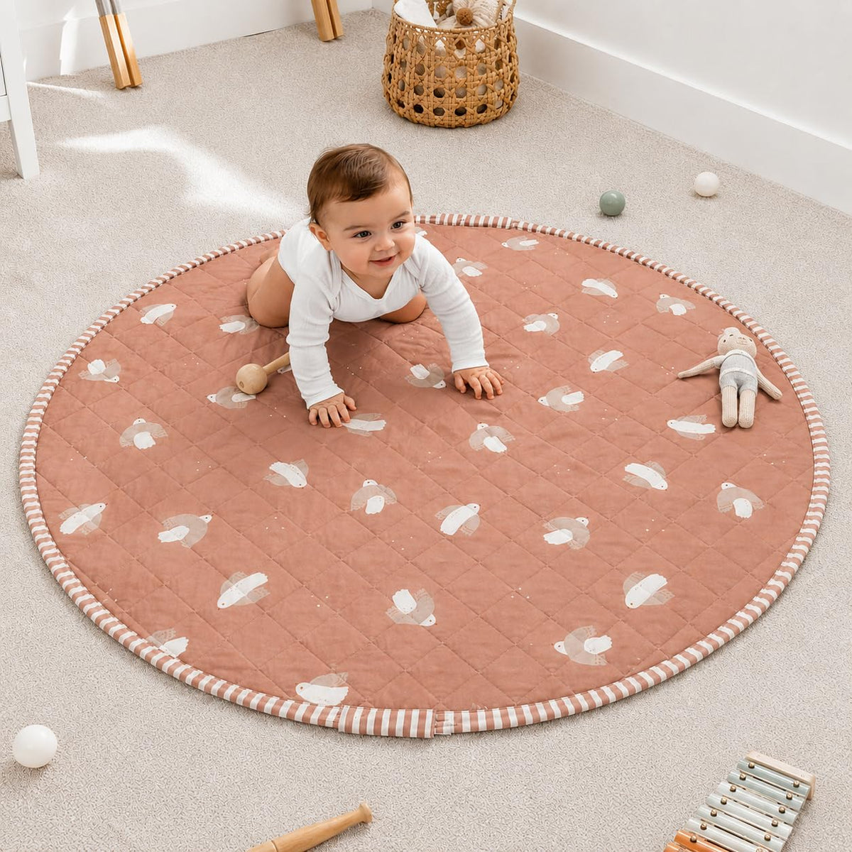2-in-1 Quilted Baby Play Mat & Toy Storage Bag | Large Cotton Floor Activity Mat with Drawstring Toy Organizer | Portable, Machine Washable | OEKO-TEX Cotton (Birds, 47 Inches)
