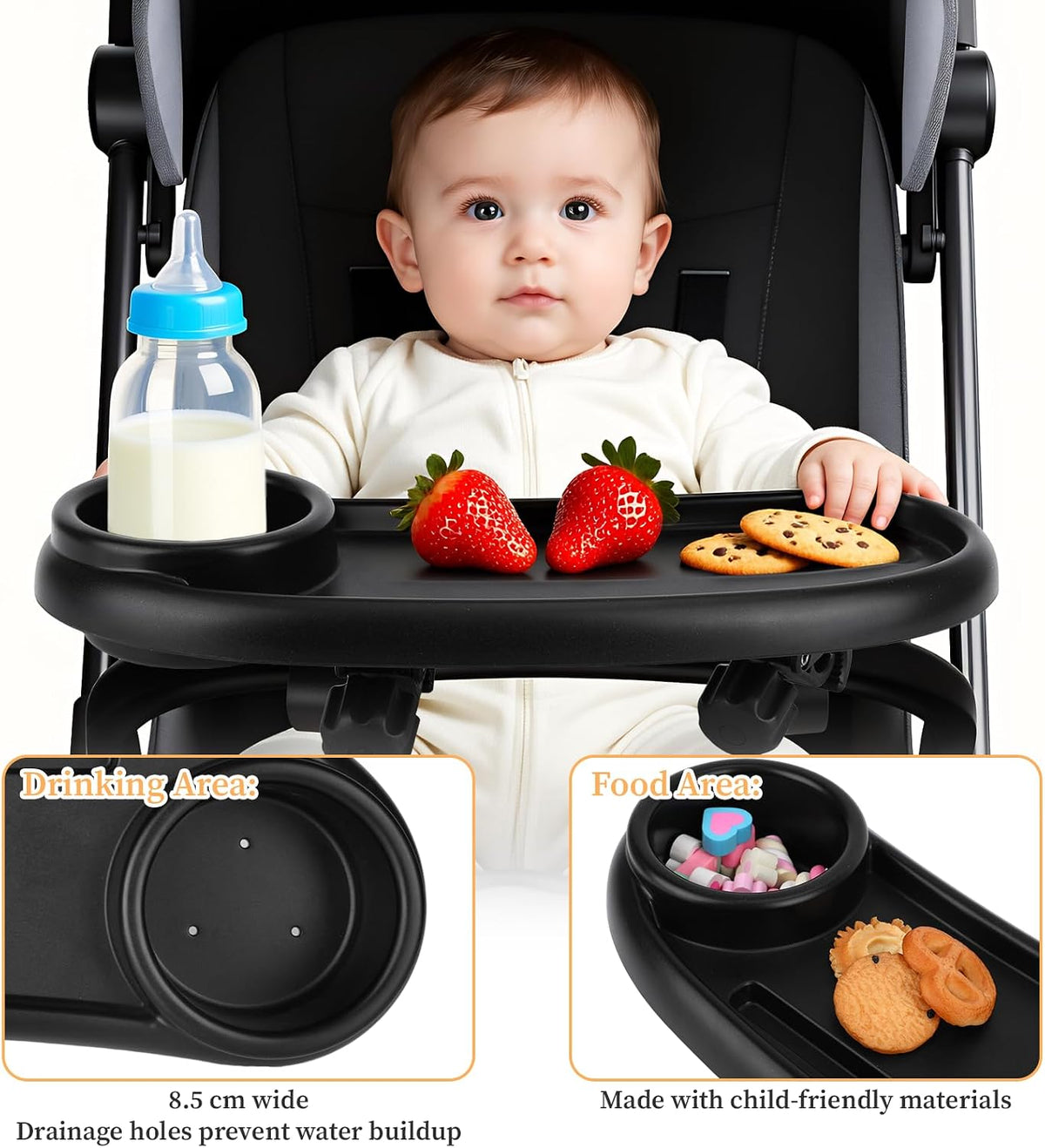 Universal Stroller Snack Tray Compatible with Mockingbird and Most Others Adjustable Universal Snack Tray for Stroller with Cup Holder and Phone Holder Detachable Enlarged Thickened Accessories Black
