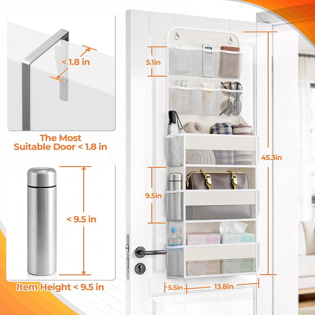 5-Tier Over the Door Organizer with Mesh Pockets, Dark Grey