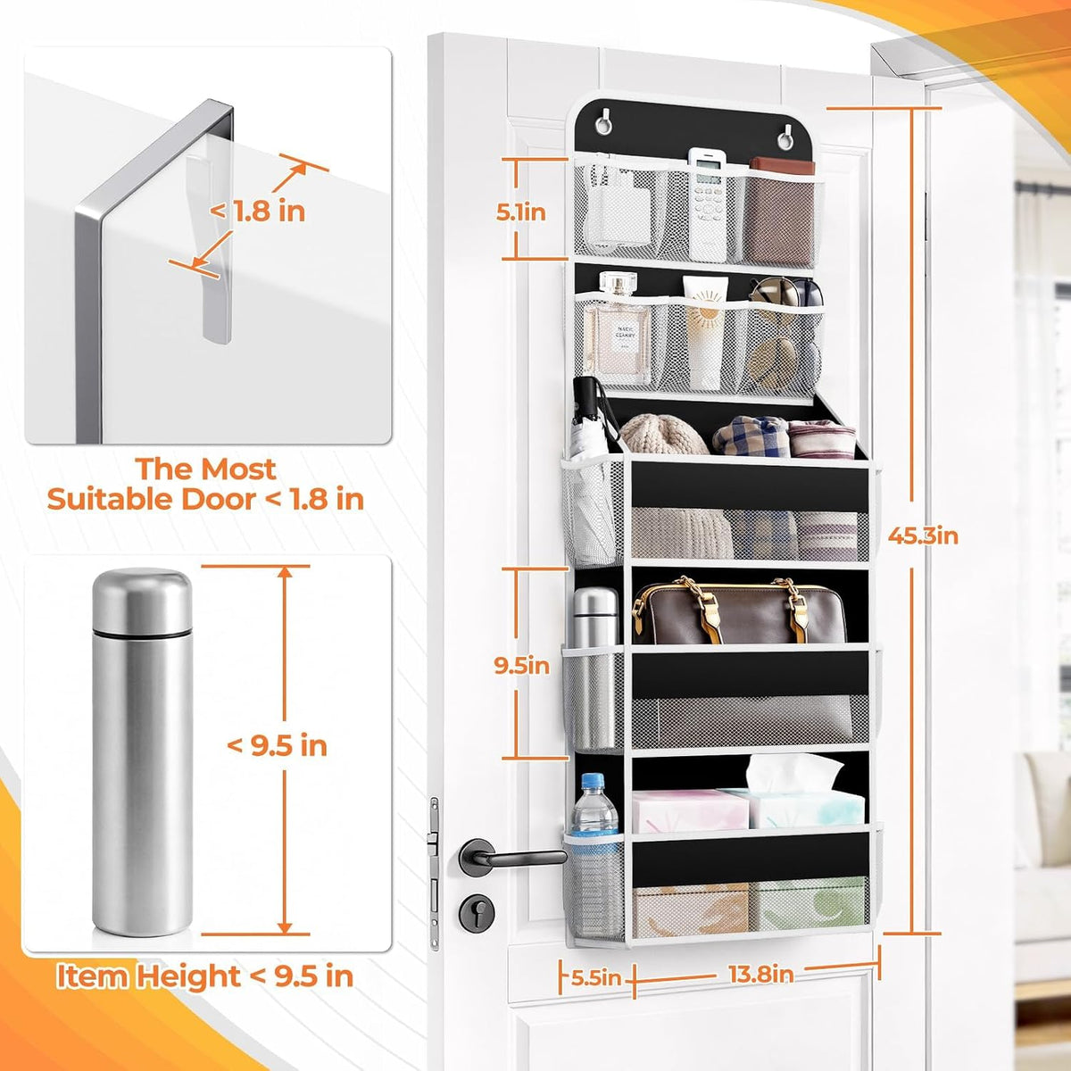 5-Tier Over the Door Organizer with Mesh Pockets, Dark Grey