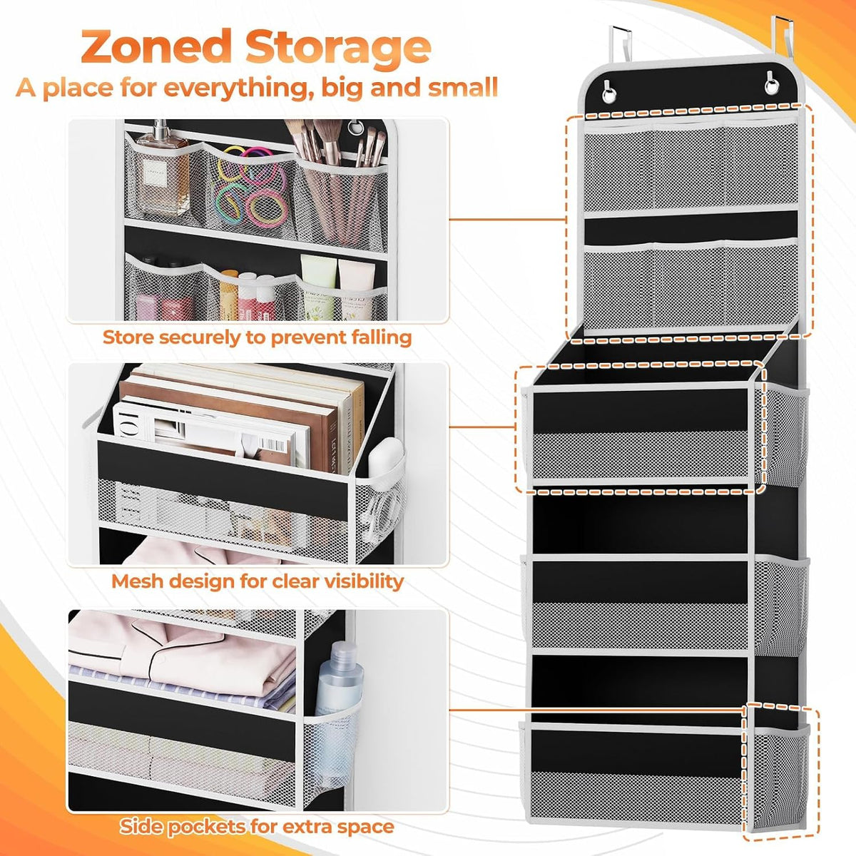 5-Tier Over the Door Organizer with Mesh Pockets, Dark Grey