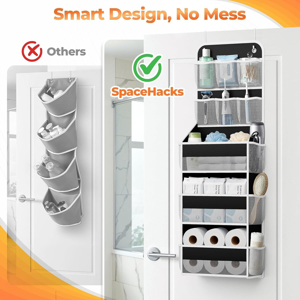 5-Tier Over the Door Organizer with Mesh Pockets, Dark Grey