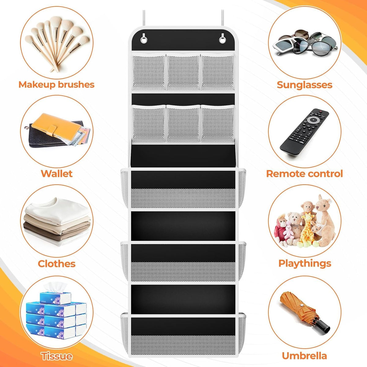 5-Tier Over the Door Organizer with Mesh Pockets, Dark Grey