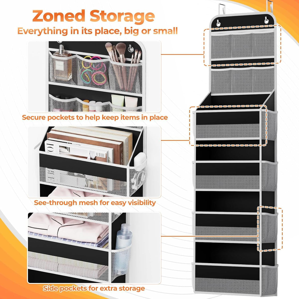 5-Tier Over the Door Organizer with Mesh Pockets, Dark Grey