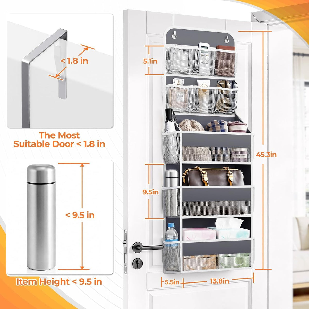 5-Tier Over the Door Organizer with Mesh Pockets, Dark Grey