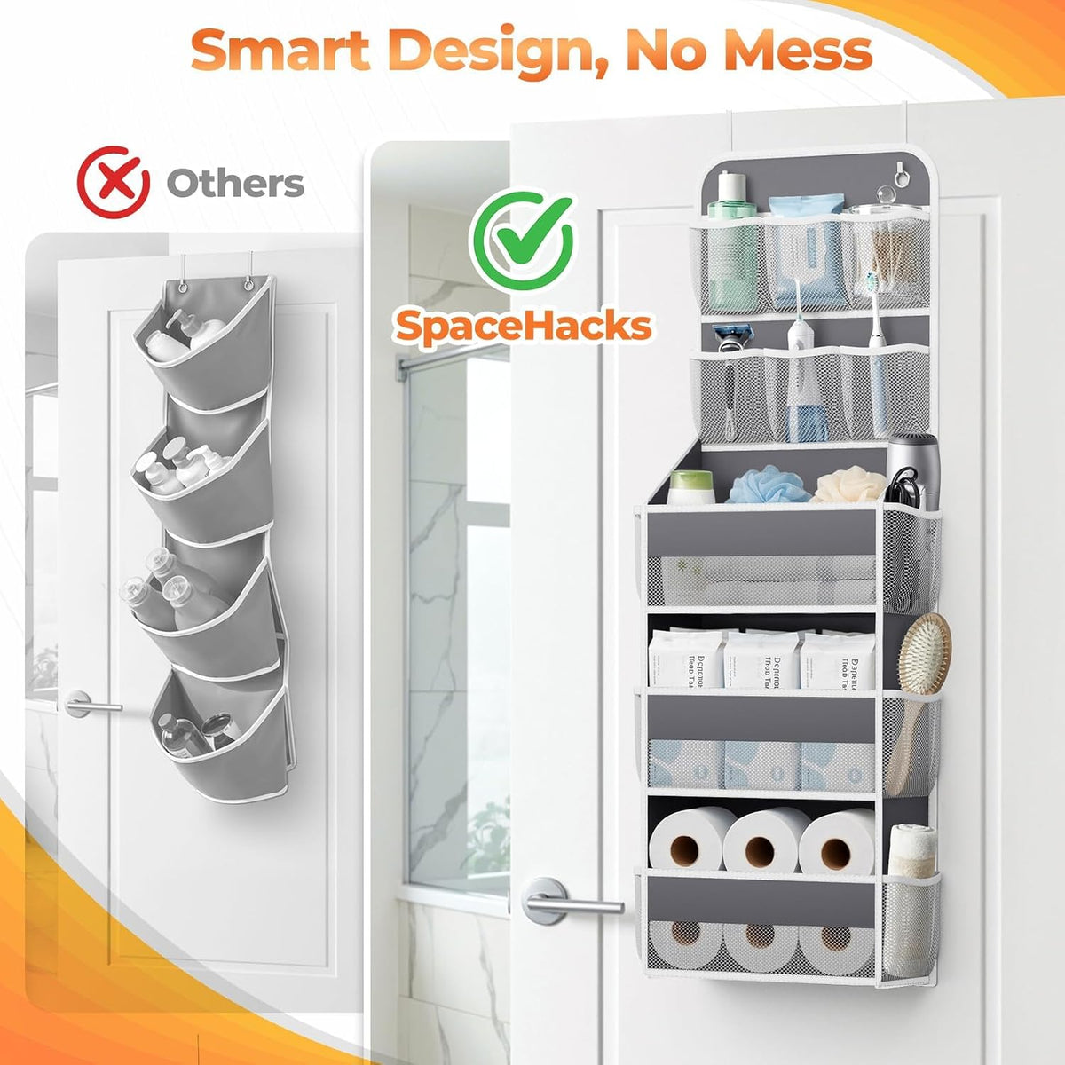 5-Tier Over the Door Organizer with Mesh Pockets, Dark Grey