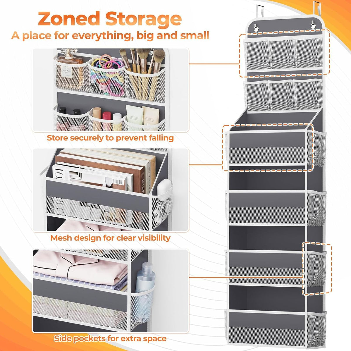 5-Tier Over the Door Organizer with Mesh Pockets, Dark Grey