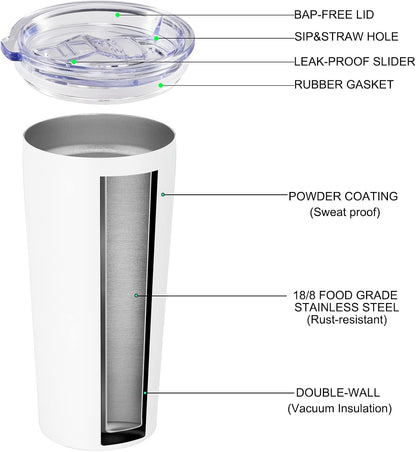 20oz Tumbler Bulk with Lid and Straw 6 Pack, Stainless Steel Vacuum Insulated Tumbler, Double Wall Coffee Cup Travel Mug, White