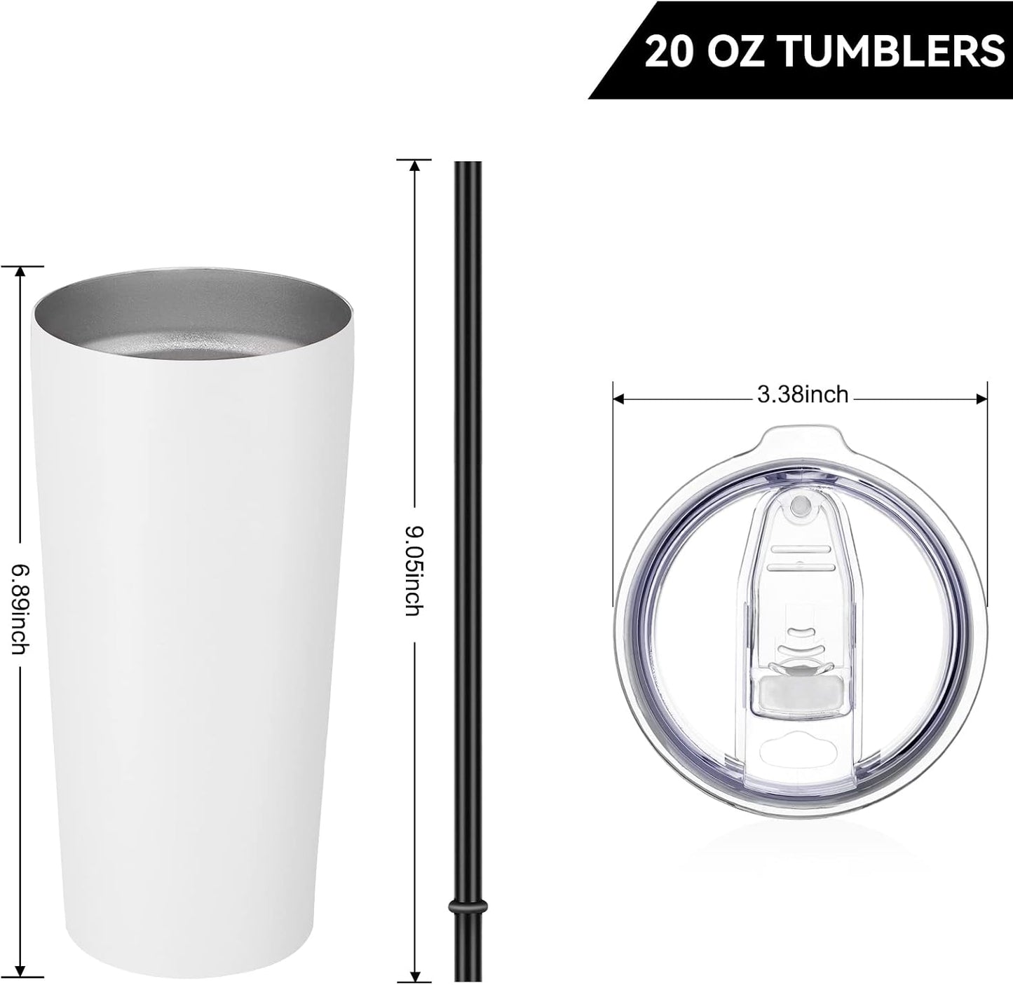 20oz Tumbler Bulk with Lid and Straw 6 Pack, Stainless Steel Vacuum Insulated Tumbler, Double Wall Coffee Cup Travel Mug, White