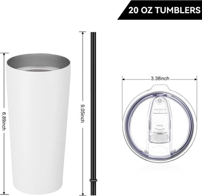 20oz Tumbler Bulk with Lid and Straw 6 Pack, Stainless Steel Vacuum Insulated Tumbler, Double Wall Coffee Cup Travel Mug, White
