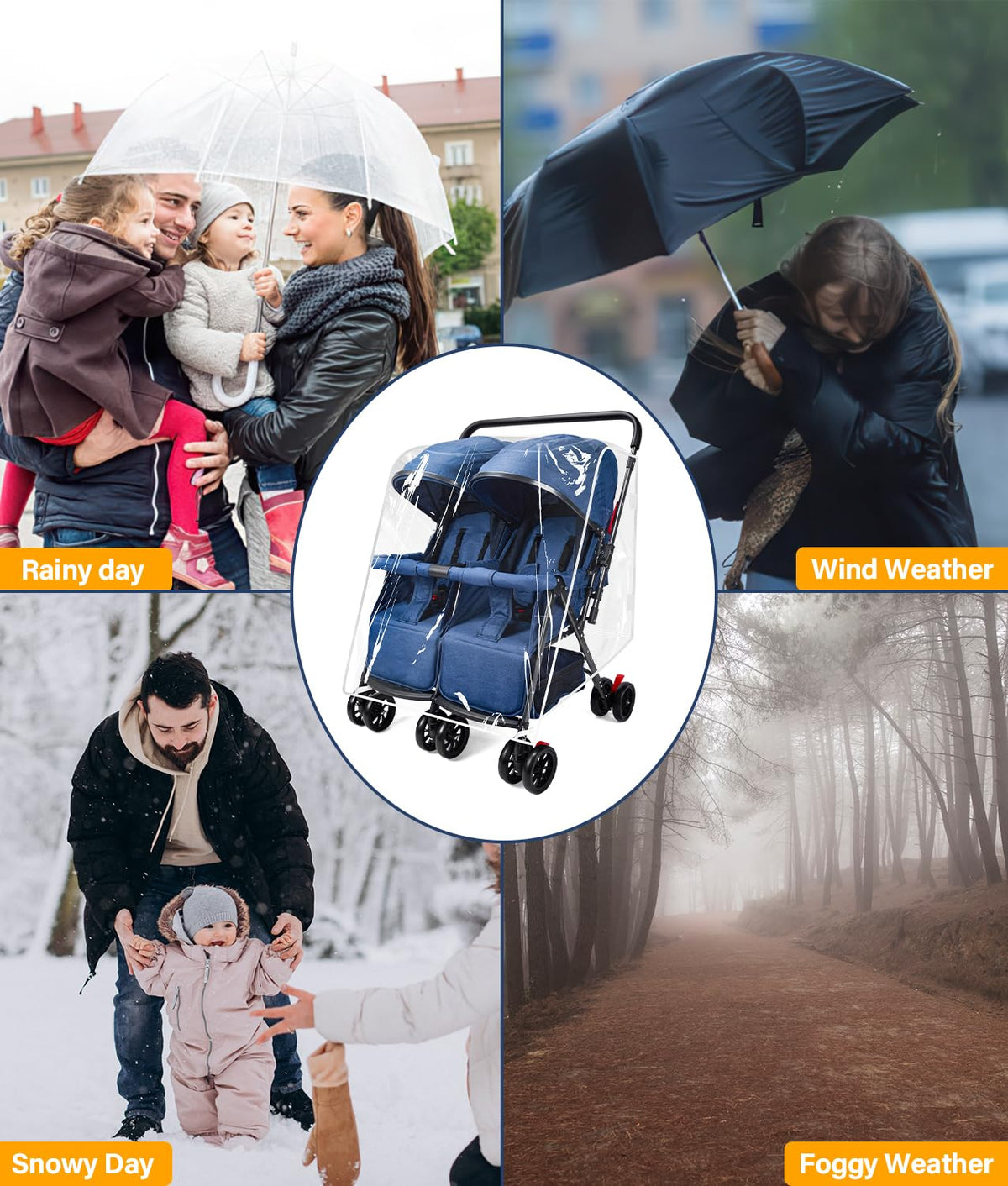 Double Stroller Rain Cover, Weather Shield for Side by Side Baby Double Stroller, Universal Waterproof Stroller Cover for Rain/Wind/Snow/Cold/Dust, Baby Travel Outdoor Accessories