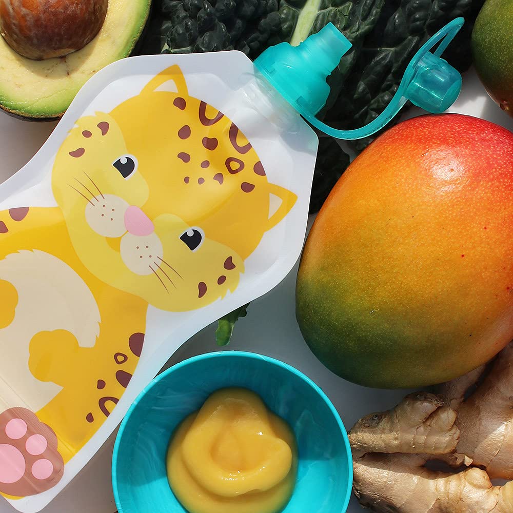 Reusable Baby Food Pouches | BPA Free | Refillable Toddler Squeeze Pouches for Homemade Purees, Applesauce & Yogurt | Double Zipper, Easy Fill & Wide Bottom | 4CT, 5oz SnakPack FreshSquad