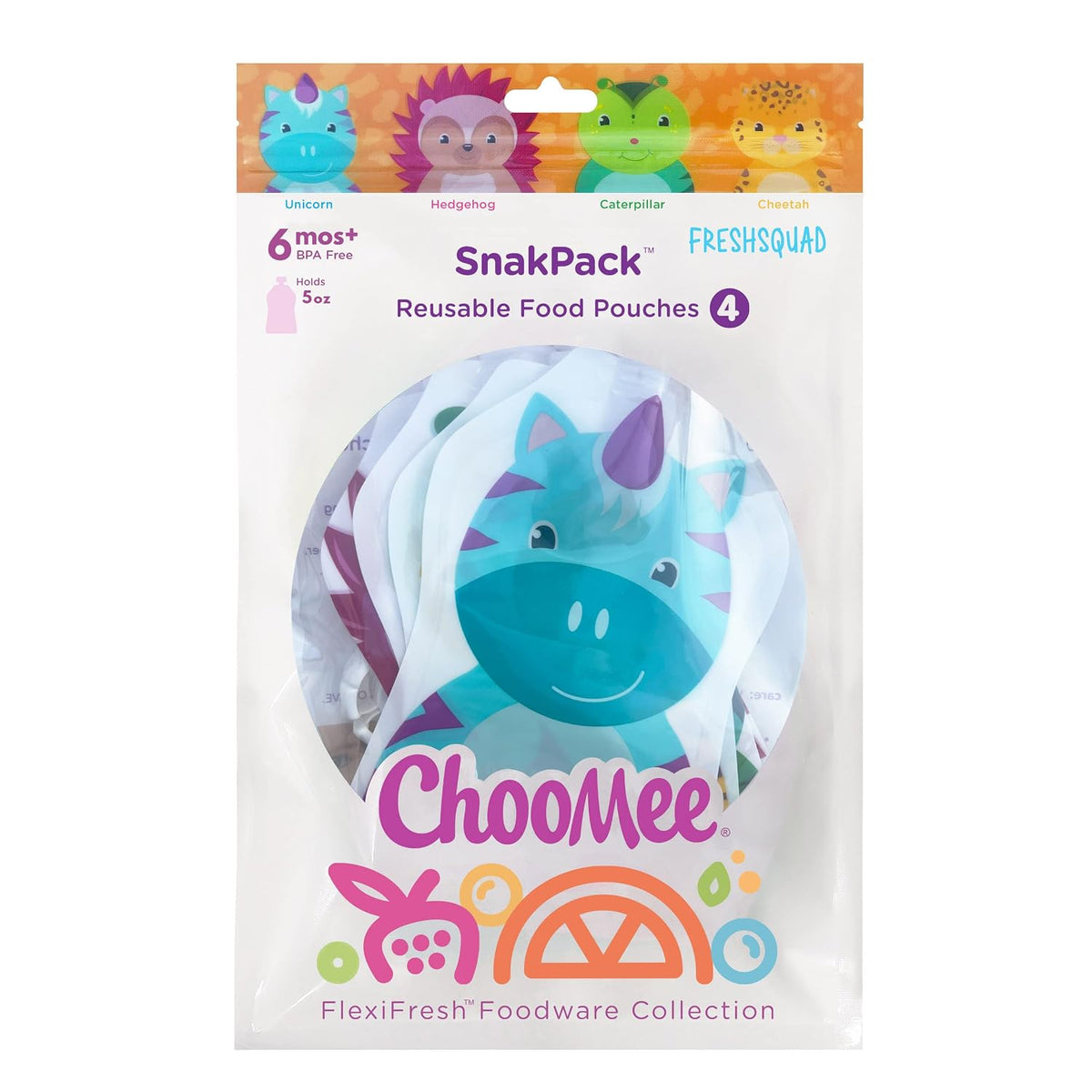 Reusable Baby Food Pouches | BPA Free | Refillable Toddler Squeeze Pouches for Homemade Purees, Applesauce & Yogurt | Double Zipper, Easy Fill & Wide Bottom | 4CT, 5oz SnakPack FreshSquad