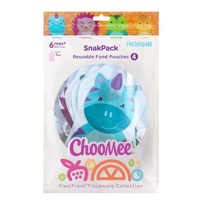 Reusable Baby Food Pouches | BPA Free | Refillable Toddler Squeeze Pouches for Homemade Purees, Applesauce & Yogurt | Double Zipper, Easy Fill & Wide Bottom | 4CT, 5oz SnakPack FreshSquad