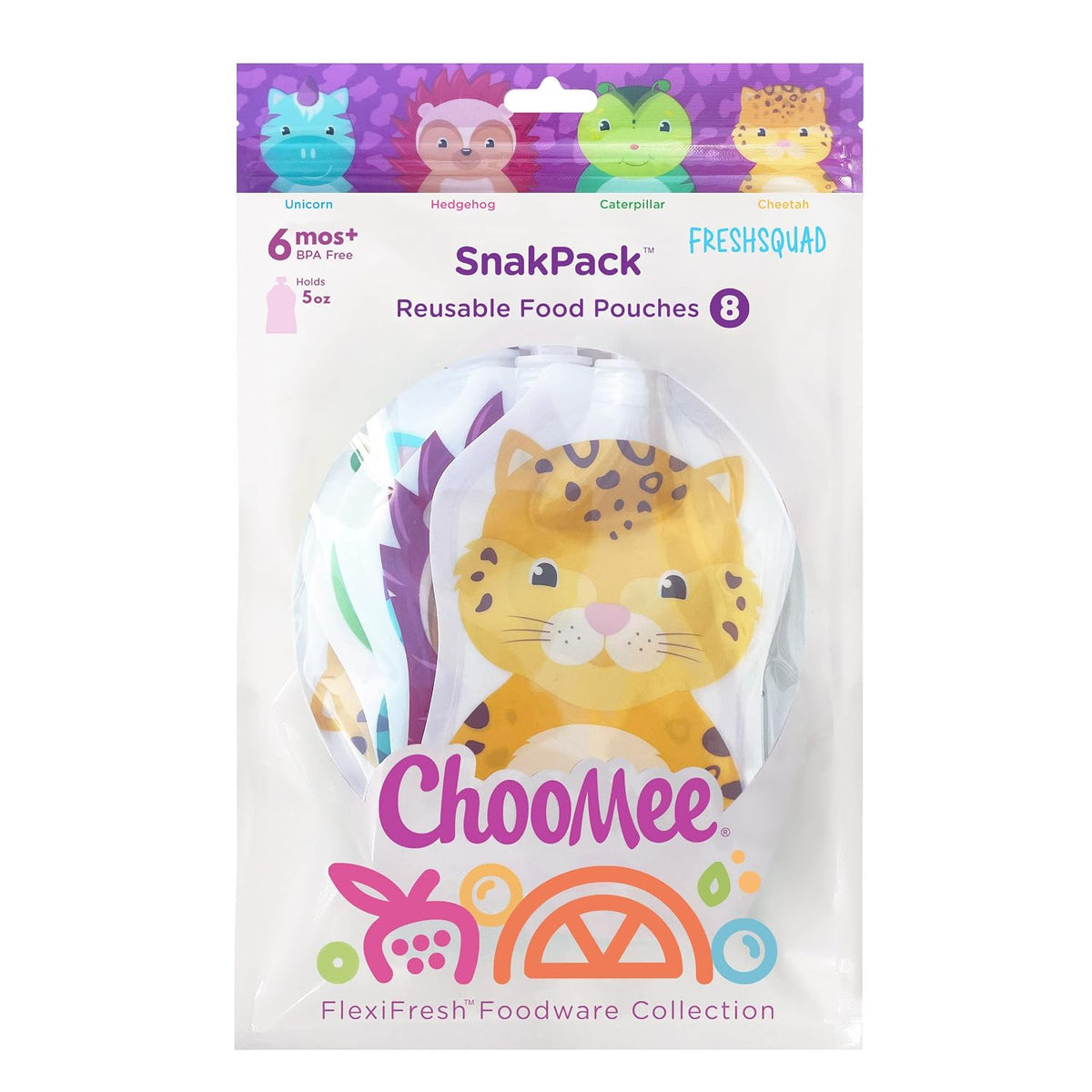 Reusable Baby Food Pouches | BPA Free | Refillable Toddler Squeeze Pouches for Homemade Purees, Applesauce & Yogurt | Double Zipper, Easy Fill & Wide Bottom | 4CT, 5oz SnakPack FreshSquad
