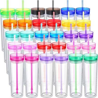4 Pcs Acrylic Skinny Tumblers 16 oz Acrylic Tumblers with Lids and Straws Double Wall Plastic Skinny Cups Bulk for Drink Party Birthday Gifts (White)