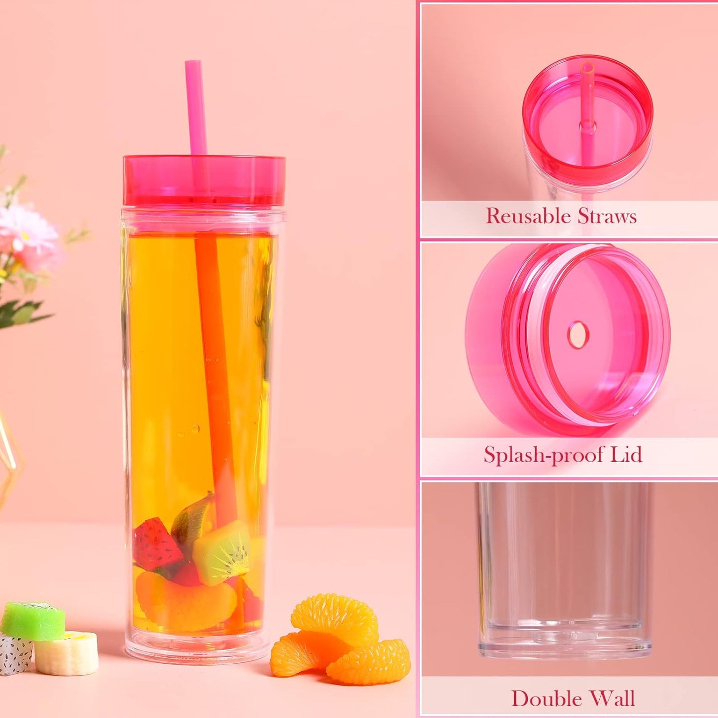 4 Pcs Acrylic Skinny Tumblers 16 oz Acrylic Tumblers with Lids and Straws Double Wall Plastic Skinny Cups Bulk for Drink Party Birthday Gifts (White)