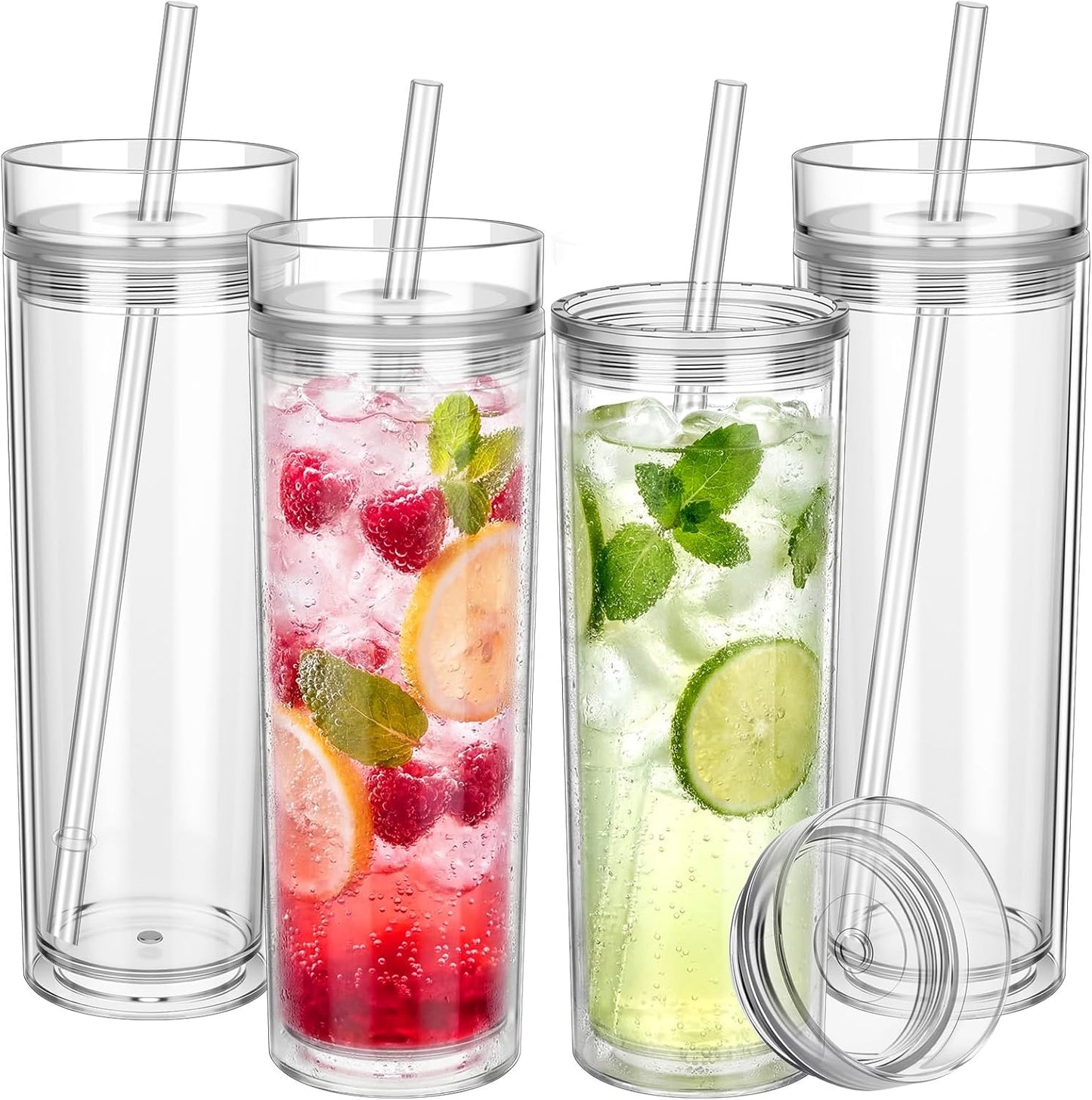 4 Pcs Acrylic Skinny Tumblers 16 oz Acrylic Tumblers with Lids and Straws Double Wall Plastic Skinny Cups Bulk for Drink Party Birthday Gifts (White)