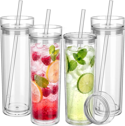 4 Pcs Acrylic Skinny Tumblers 16 oz Acrylic Tumblers with Lids and Straws Double Wall Plastic Skinny Cups Bulk for Drink Party Birthday Gifts (White)
