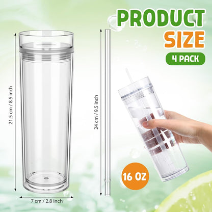4 Pcs Acrylic Skinny Tumblers 16 oz Acrylic Tumblers with Lids and Straws Double Wall Plastic Skinny Cups Bulk for Drink Party Birthday Gifts (White)