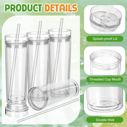 4 Pcs Acrylic Skinny Tumblers 16 oz Acrylic Tumblers with Lids and Straws Double Wall Plastic Skinny Cups Bulk for Drink Party Birthday Gifts (White)