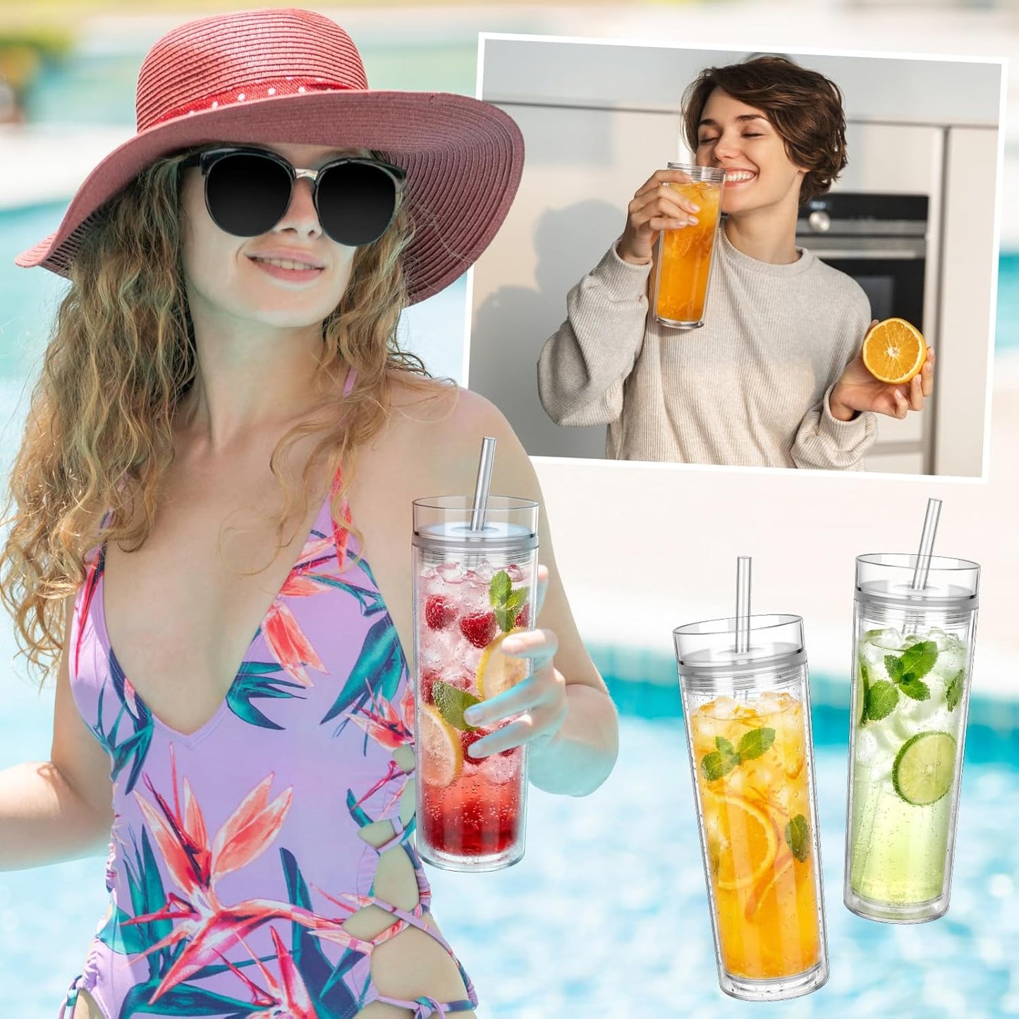4 Pcs Acrylic Skinny Tumblers 16 oz Acrylic Tumblers with Lids and Straws Double Wall Plastic Skinny Cups Bulk for Drink Party Birthday Gifts (White)