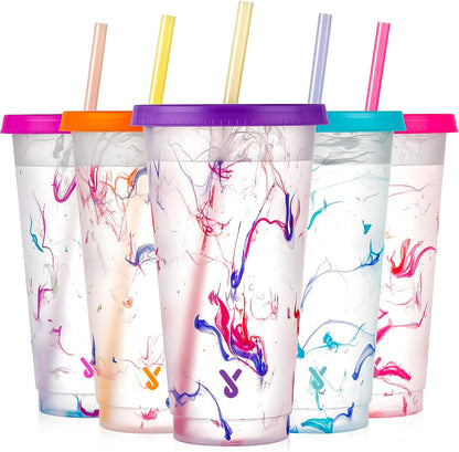Color Changing Cold Cups with Lids and Straws - 5 Pack 24 oz Plastic Cute Tumblers Bulk, Reusable for Kids Women Party, Iced Coffee(Swirl)