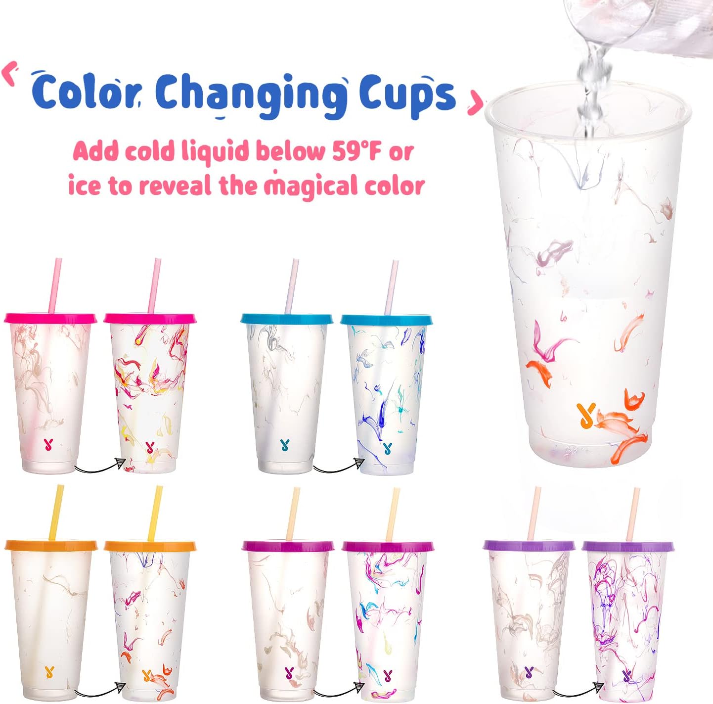 Color Changing Cold Cups with Lids and Straws - 5 Pack 24 oz Plastic Cute Tumblers Bulk, Reusable for Kids Women Party, Iced Coffee(Swirl)