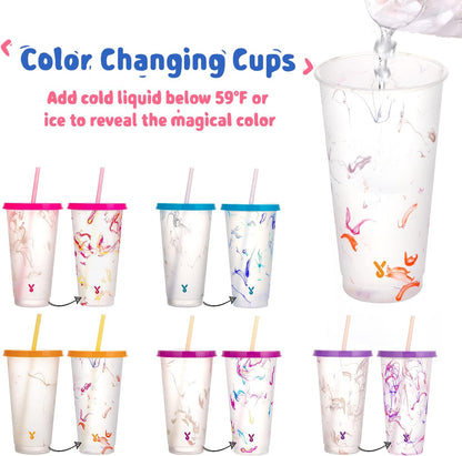 Color Changing Cold Cups with Lids and Straws - 5 Pack 24 oz Plastic Cute Tumblers Bulk, Reusable for Kids Women Party, Iced Coffee(Swirl)