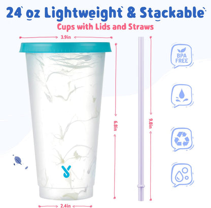 Color Changing Cold Cups with Lids and Straws - 5 Pack 24 oz Plastic Cute Tumblers Bulk, Reusable for Kids Women Party, Iced Coffee(Swirl)