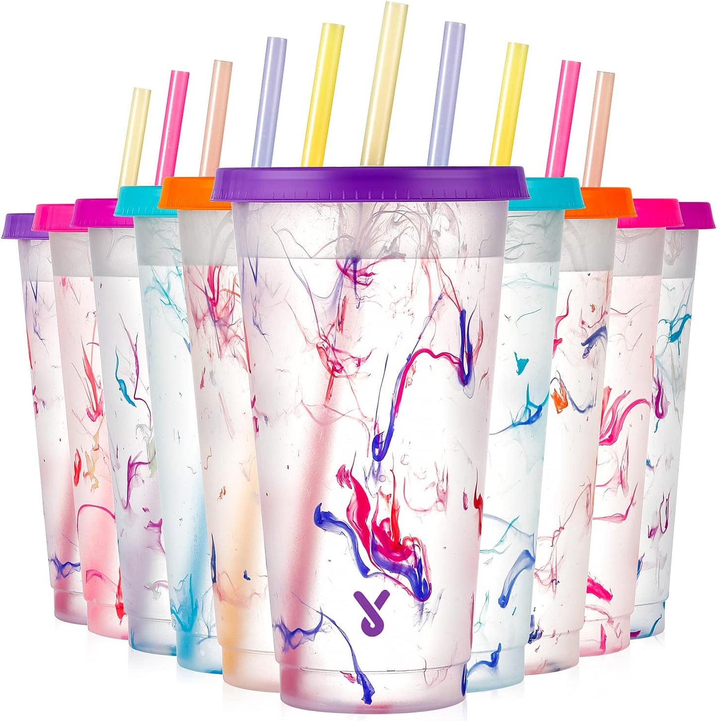 Color Changing Cold Cups with Lids and Straws - 5 Pack 24 oz Plastic Cute Tumblers Bulk, Reusable for Kids Women Party, Iced Coffee(Swirl)