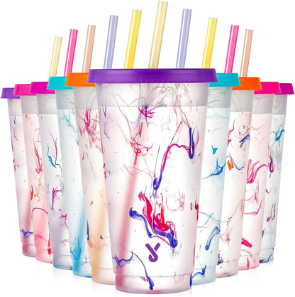 Color Changing Cold Cups with Lids and Straws - 5 Pack 24 oz Plastic Cute Tumblers Bulk, Reusable for Kids Women Party, Iced Coffee(Swirl)