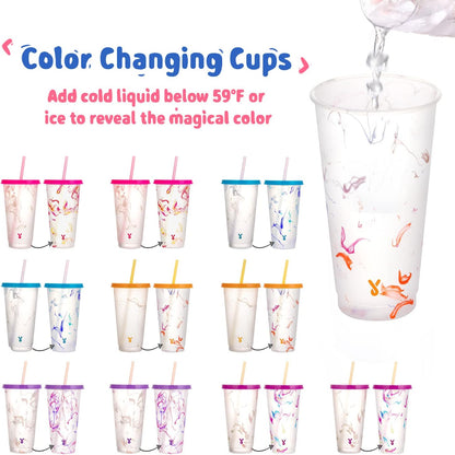 Color Changing Cold Cups with Lids and Straws - 5 Pack 24 oz Plastic Cute Tumblers Bulk, Reusable for Kids Women Party, Iced Coffee(Swirl)