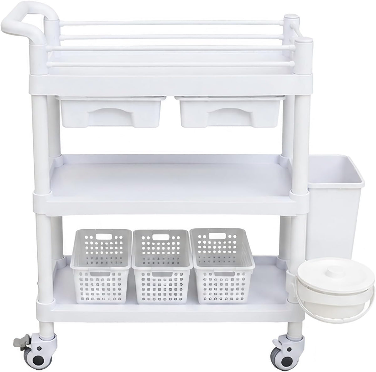 3 Tier Medical Rolling Cart Organizer, ABS Postpartum Nursing Cart with 2 Drawers, Lockable Casters, Storage Baskets and Side Bins for Nursery, Spa, Salon and Clinic